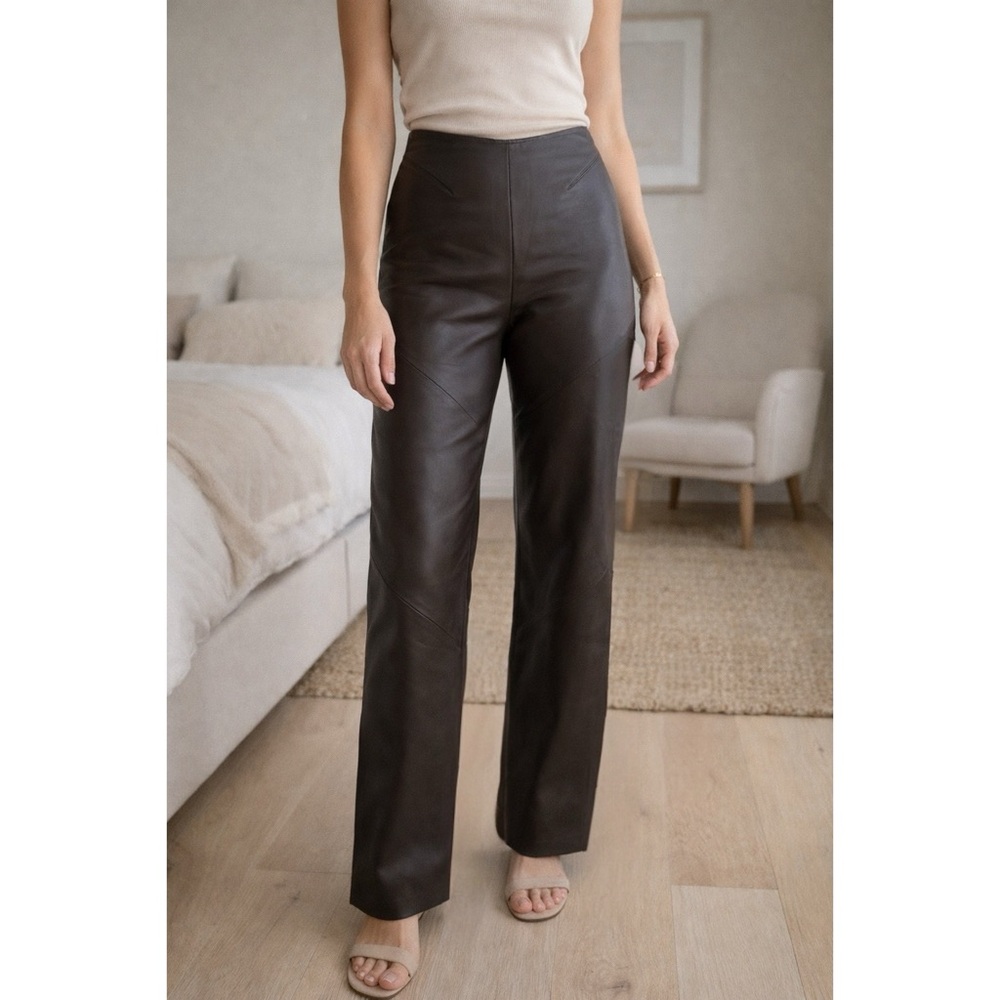 Neto 100% Lambskin Leather High Waisted Pants Colour Brown Size 6